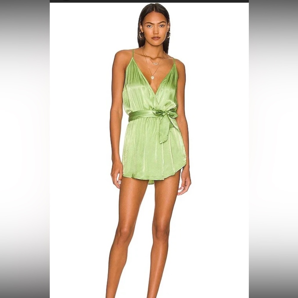 Rays for Days Avery Romper Fern Green Satin Strapless Revolve Small $172